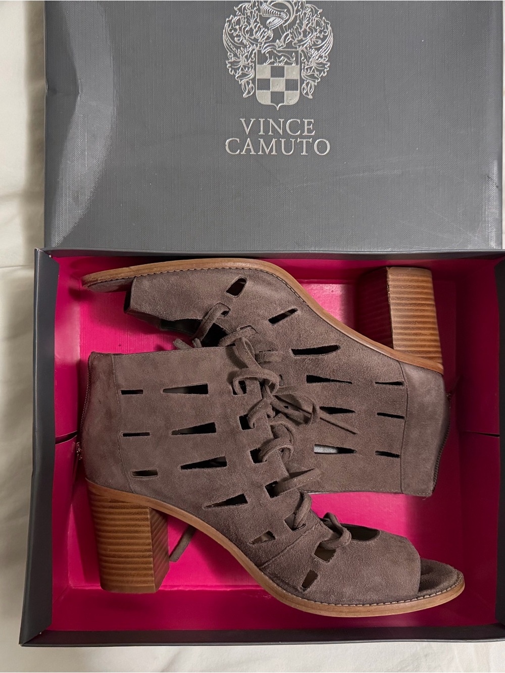 Vince Camuto Taupe Brown Suede Cutout Lace-Up Open-Toe Booties - Picture 5 of 7